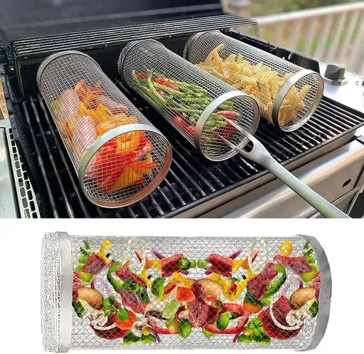 Rolling BBQ Grill Basket, Stainless Steel Mesh Cylinder for Vegetables and Meat on Gas and Charcoal Grills, Silver, 20 cm