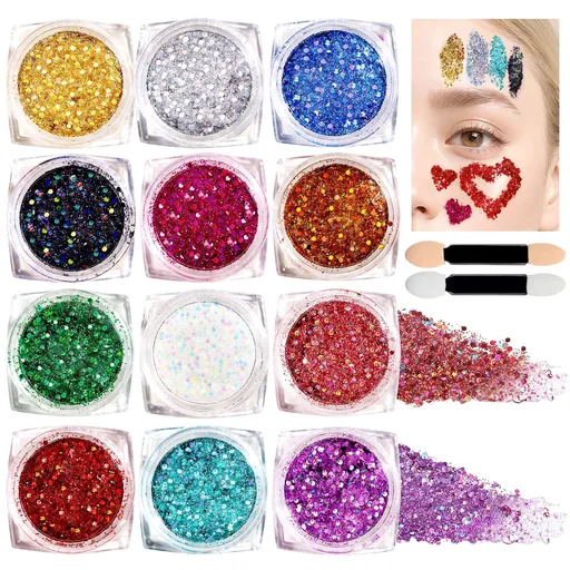 Teenitor Face Glitter Body Glitter Makeup Glitter Gel Hair Glitter, 12 Colors Body and Face Glitter Gel, Star Glitter for Hair
