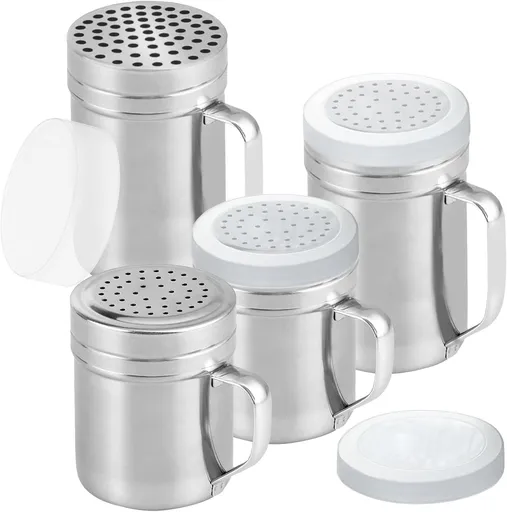 2 Stainless Steel Salt & Pepper Dredge (10 + 14 oz) + 14 ounce Metal Parmesan Cheese Shaker (Large Holes) - with Plastic Caps & Handles Bundle