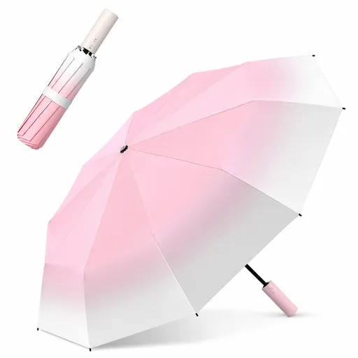 Pink Gradient 40-Rib Automatic Folding Umbrella - 105 cm Large Canopy with Double Fiberglass Frame, Auto Open Close and Sun Rain Design for Travel and Daily Commute