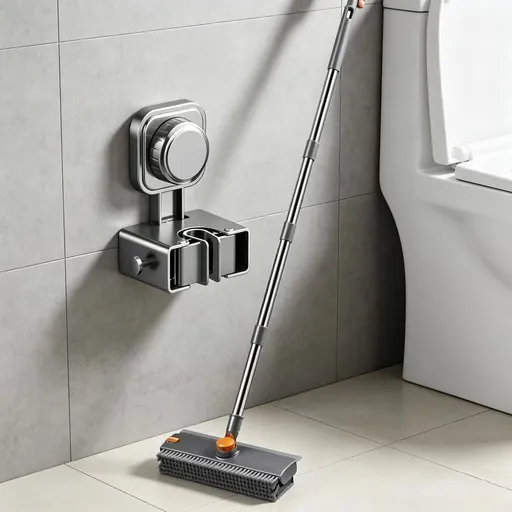 2-piece Grey V-Shaped Floor Scrub Brush and Suction Mop Holder Set - 360 Rotating Grout Cleaner, Heavy Duty Bristles, No Drill Wall Mount Storage, Space Saving Bathroom Cleaning Kit for Tiles and Corners