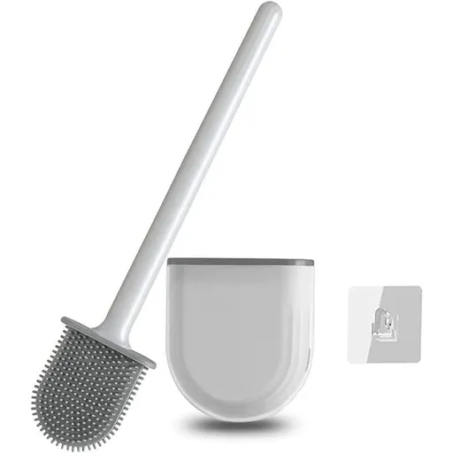 Toilet Brush, Silicone Toilet Brush, Toilet Bowl Brush and Holder Set, Floor Standing, Wall Mounted without Drilling, White