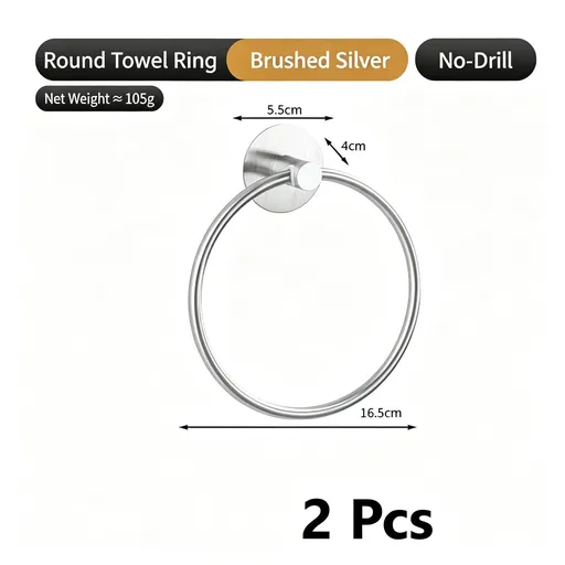 Round Towel Ring - No Drill (Brushed) 2 Pcs | Brushed Towel Ring 2 Pack, Festive Home Bath Refresh Set for 2 Bathrooms