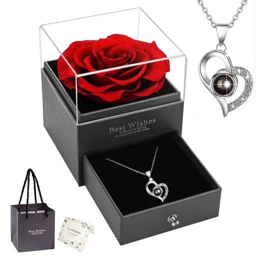 Rose Heart Projection Necklace, elegant in platinum, "I love you" in 100 languages, packaged with a single rose gift box – a romantic tech-infused gift.