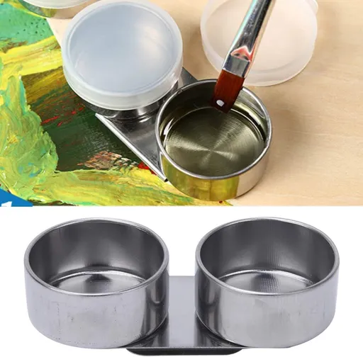 Double Dipper Palette Cup, Stainless Steel Oil Painting Cup with Lid and Clip for Watercolor Gouache Acrylic