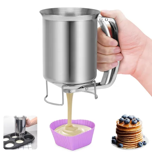 900 mL Stainless Steel Batter Dispenser with Squeeze Handle for Pancakes, Waffles, Cupcakes and Muffins, Drip-Control Baking Tool