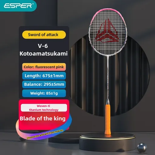 ESPER V6 Badminton Racket 46T Graphene Carbon 3U Ultra-Light 7.0mm Slim Shaft Woven-Ti Titanium Technology Offensive Type Precise Control Professional Match Train(Fluorescent Pink)
