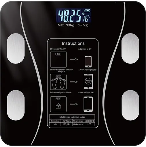 Smart Scale with Body Analysis - Measures BMI, Fat & Muscle Mass - USB Rechargeable - Up to 180 kg - Black