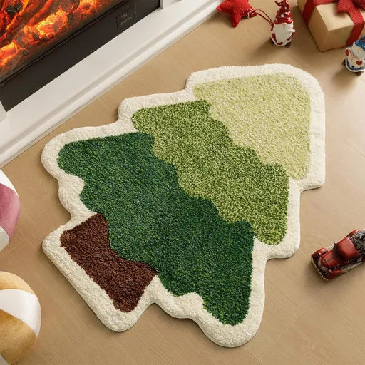 Green Christmas tree style Festive Christmas Shaped Floor Mat - Plush Non-Slip Holiday Accent Rug(Style 2)