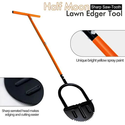 Manual Lawn Edging Tool with T-Handle and Serrated Half-Moon Blade, Garden Edge Trimmer for Clean Borders Along Walkways, Flower Beds and Tree Rings (Orange)