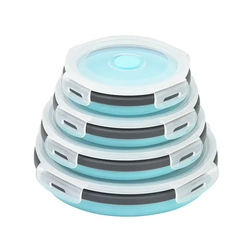 4 Piece Blue and Grey Silicone Collapsible Food Storage Container Set - Microwave Safe Foldable Lunch Box Set with Leakproof Clip Lock Lid & 4 Sizes 350/500/800/1200ML for Meal Prep Picnic Travel and Fridge Storage
