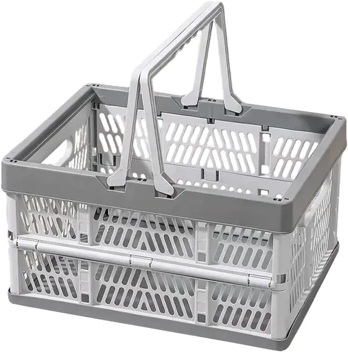 Collapsible Storage Crate with Handles for Shopping, Camping and Car Boots, Foldable Stackable Basket for Home Storage, Grey and White
