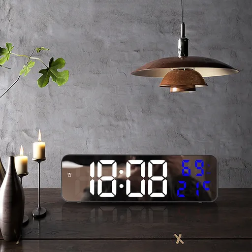 Digital Clock Large Display, Alarm Clock for Living Room Office Bedroom Decor, LED Corded Electric, Date Temp Display Wall Clock, Smart Cool Modern Desk Accessories Red