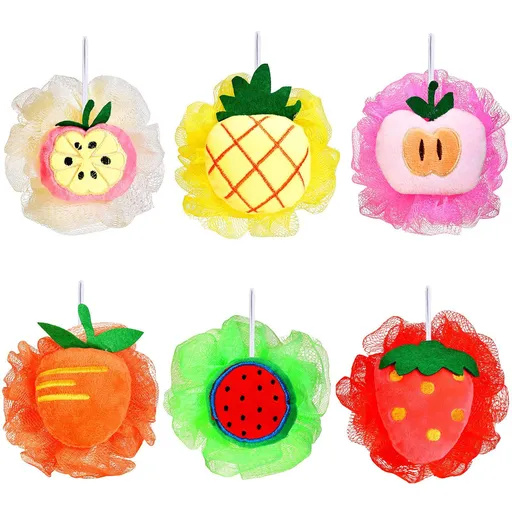 6 Pieces Cute Fruit Bath Shower Sponge Loofahs Mesh Pouf Shower Ball Colorful Cartoon Body Scrubber Balls Shower Mesh for Kids