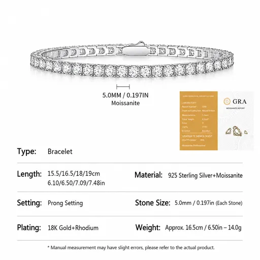 Elegant Moissanite Tennis Bracelet in 925 Sterling Silver with 18K Gold and Rhodium Plating, Featuring Certified Sparkling Stones for Daily Wear and Formal Occasions, Available in Multiple Lengths and Stone Sizes (5.0mm, 16.5cm（6.5in）)