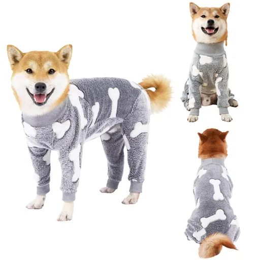 Turtleneck Dog Clothes Pajamas,Autumn Winter Dog Jumpsuit Coat,Winter Soft Warm Flannel Pajamas Jumpsuit for Medium Large Dog M Grey