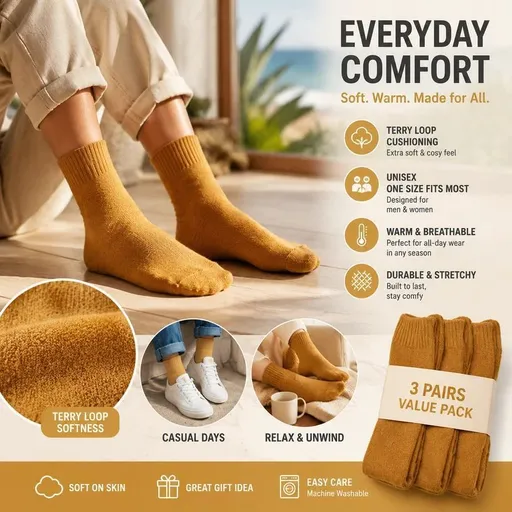 Mustard Wool Lined Thermal Socks Unisex Thick Terry Winter Socks 3 Pairs