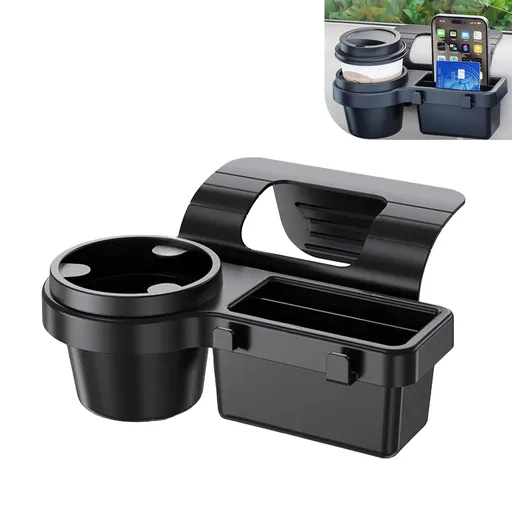 Universal Car Window Organizer with Cup Holder and Phone Tray – 4-in-1 Door Side Storage Box for Drinks, Keys, and Gadgets (Black)
