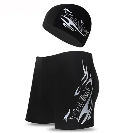 Silver Men's Athletic Swim Trunks and Cap Set with Dynamic Graphic Print(4XL)