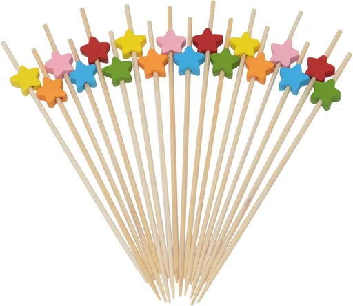 Cocktail sticks - Satay sticks - Tapas sticks - Stars - Party supplies - Snacks - Birthday - Decoration - Snacks - Christmas - New Year's Eve - Children's party - Treat - Buffet - Wood - Bamboo - 12 cm - Multi-colored - 100 Pieces