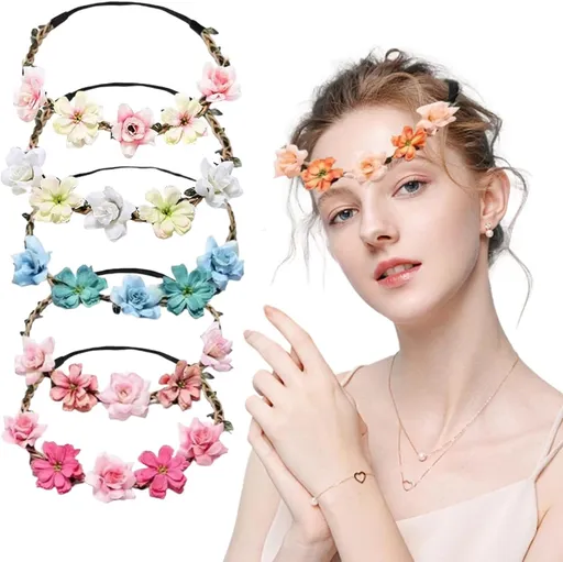 6 Pcs Flower Wreath Headbands, Colorful Flower Crown Hairbands for Women Girls Bride Bridesmaids, Adjustable Floral Wreath Headpiece with Elastic Ribbon for Wedding, Bachelorette Party Beach Festival Birthday Holiday Photography