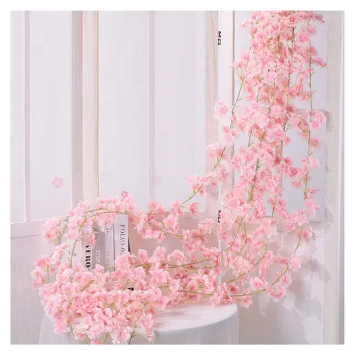 1.8m 256 Simulated Artificial Sakura Flower Garland Hanging Vines for Spring Home Room Wedding Party Decor Light Pink