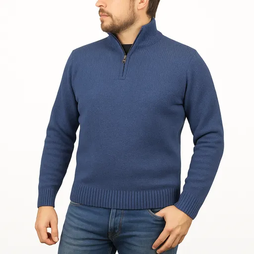 100% SHETLAND RAGG WOOL Half Zip Up Knit JUMPER Pullover Mens Sweater Knitted in Sky