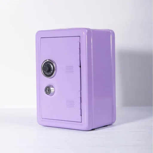 Lock Equipped Metal Safe Piggy Bank, Household Money Storage Box For Coins & Bills, Violet, Elegant Secure Home Cash Storage Container