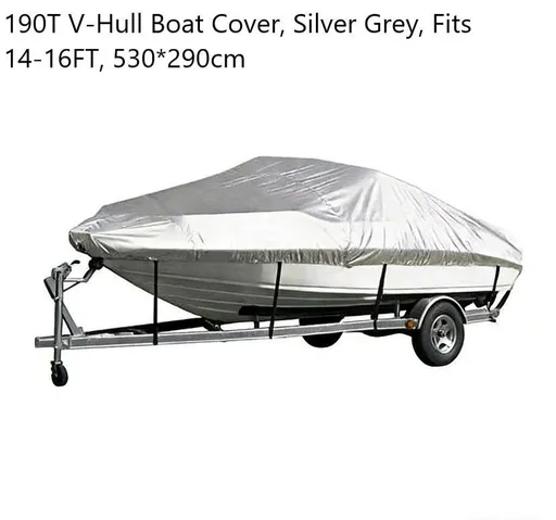 190T Polyester Taffeta V-Hull Boat Cover, All Weather Outdoor Marine Cover Blocks UV & Rain, Silver Grey, Fits 14-16FT, 530cm*290cm, Popular Vessel Storage Shield