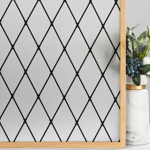 Frosted Black Lattice Window Privacy Films Decorative Glass Windows Removable Sun Blocking Anti-UV 17.7x39.3 inches