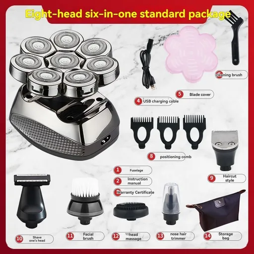 8 Blade Head Shaver Bald Head Trimmer USB Rechargeable Grooming Tool Silver Size SET