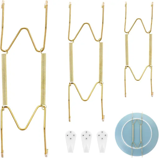 3pcs Plate Hanger for Wall, Stainless Steel 6 8 10 Inch Plate Hangers Invisible Decorative Wire Plate Holder with 3 Pack Wall Hooks and 15pcs Transparent Rubber Tip(Gold)
