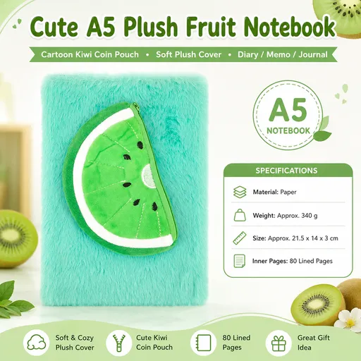 A5 Plush Fruit Notebook with detachable kiwifruit-shaped coin purse — features a soft plush cover and 80 lined pages; a cute design perfect for school use or journaling
