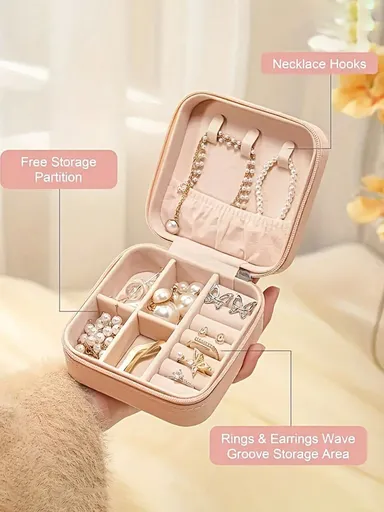 1pc Compact Jewelry Box Small PU Leather Storage Box For Women Travel Home Organizer Portable Zipper Pouch Pink Essentials For Earrings Necklaces Rings Valentine s Day Gift