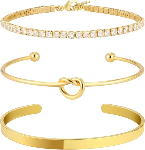 Gold Bangle Cuff Bracelets for Women 14k Gold Plated Cubic Zirconia Tennis Bracelet Non tarnish Love Knot Bracelets Stack Cuff Bangles Adjustable Jewelry Set for Women 3pcs
