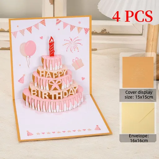 4-Pack - Cake 3D Pop-Up Birthday Cards, Papercut Foldable Greeting Gift Cards - Gold and Pink