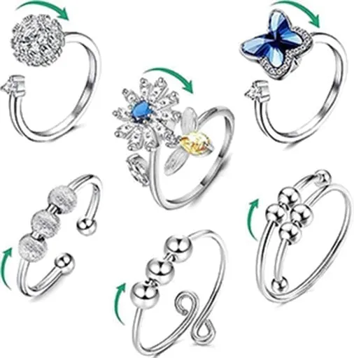 6-Pack Adjustable Anti-Stress Ring with Rotating Beads, Silver, Compatible with Fidget Spinner Rings
