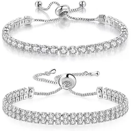 Silver High-Sparkle Cubic Zirconia Iced-Out Tennis Bracelet of Single Row & Double Row (5.7" to 11.3") - Minimalist Geometric Dainty Jewelry