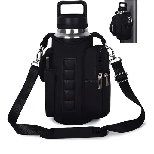 6-Magnet Suction Fitness Water Bottle Bag: Comes with Phone Pocket + Multi-Pocket Crossbody Design, Adjustable Shoulder Strap, Compatible with Treadmill and Squat Rack, Thickened Wear-Resistant Sports Essential/BLACK