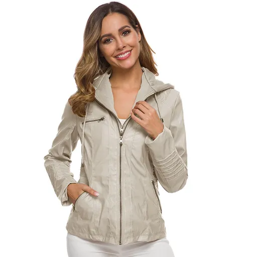 Women PU Leather Jacket Solid Zipper Hooded Streetwear Apricot XL Size: XL; Height (cm): 170-175; Weight (kg): 60-65; Bust (cm): 94-98; Waist (cm): 78-82; Shoulder width (cm): 40; Length (cm): 64