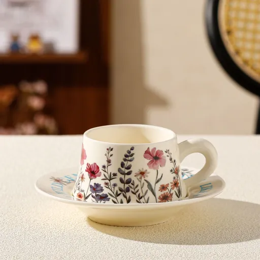 Vintage Floral Ceramic Coffee Cup & Saucer Set(White disc - pink flowers)