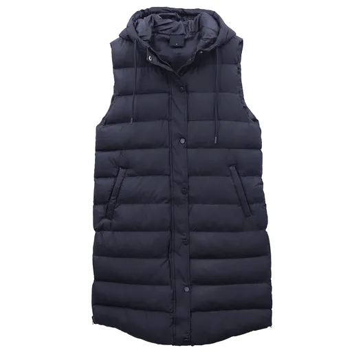 Women's Longline Padded Vest Hooded Jacket Puffer Puffy Quilted Zip Coat Gilet, Navy, 8