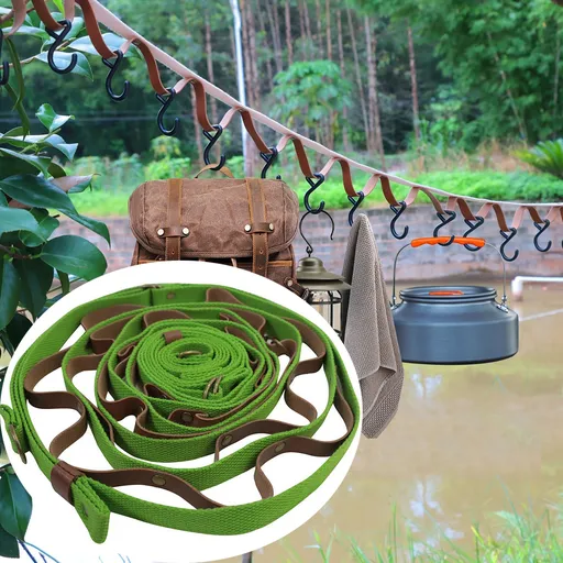 Green and Brown 5.3M Heavy Duty PU Leather Camping Lanyard with 19 Carabiners - Portable Outdoor Clothesline for Tents & Canopies
