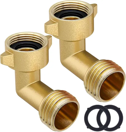 Garden Hose Elbow Connector 90 Degree Brass Hose Elbow(2pcs) 3/4" Heavy Duty Hose Adapter with 2 O-rings Brass Garden Hose Elbow Solid Brass Adapter