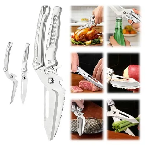 5-in-1 Detachable stainless steel kitchen poultry shears, spatchcock turkey shears heavy duty professional,butcher bone cutting scissors; kitchen poultry scissors all purpose for food,meat,cooking