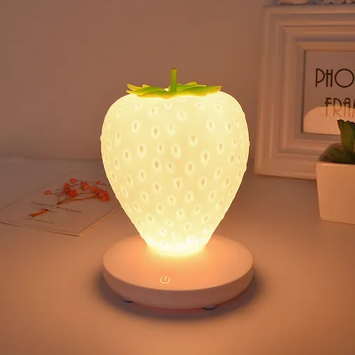 Strawberry Night Light, Silicone Strawberry LED Lamp with USB Powered, Color Changing Small Night Light, 3 Gear Touch Lighting, for Birthday Party Holiday Christmas Decor White