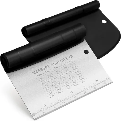 Stainless Steel Bench Scraper for Baking, Dough Cutter and Food Chopper with Measurement Guide for Pastry, Pizza, Vegetables and Meal Prep, Black