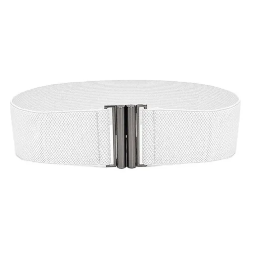 Women Elastic Waist Belt Stretch Cinch Wide Band with Metal Buckle for Dress 3Colours - White