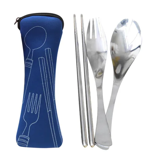 1 Pair Portable Cutlery Set Stainless Steel Knife Fork Spoon Family Travel Camping Cutlery, Dark Blue