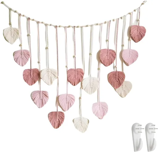 Wall Hanging Boho Leaves Tapestry Chic Bohemian Feather Wall Art Decor Handmade Yarn Woven Pink Leaf Tapestry Wall Decor for Bedroom Living Room Nursery Office Backdrop (Pink )